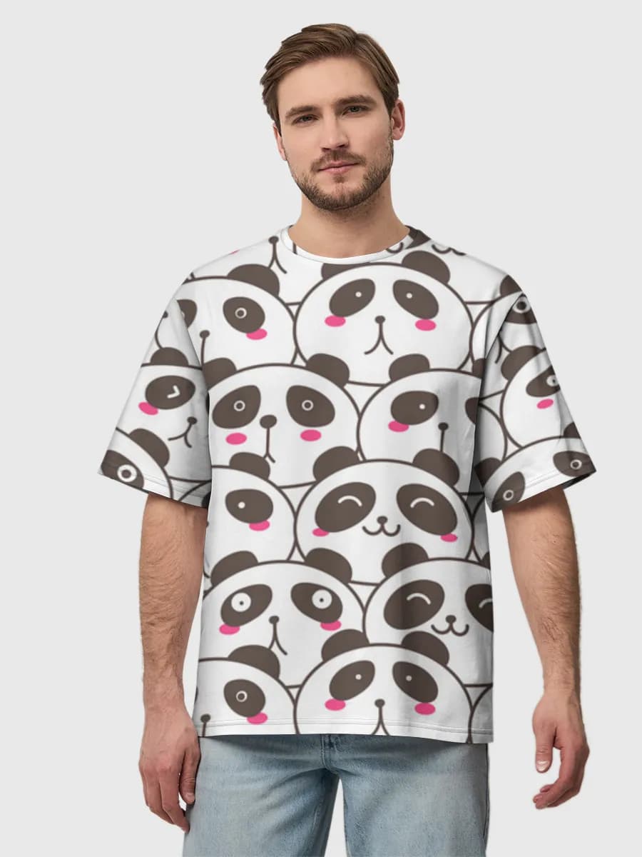 Cute Kawaii Panda Faces — Men's oversized cotton T-shirt with all-over print, Panda theme