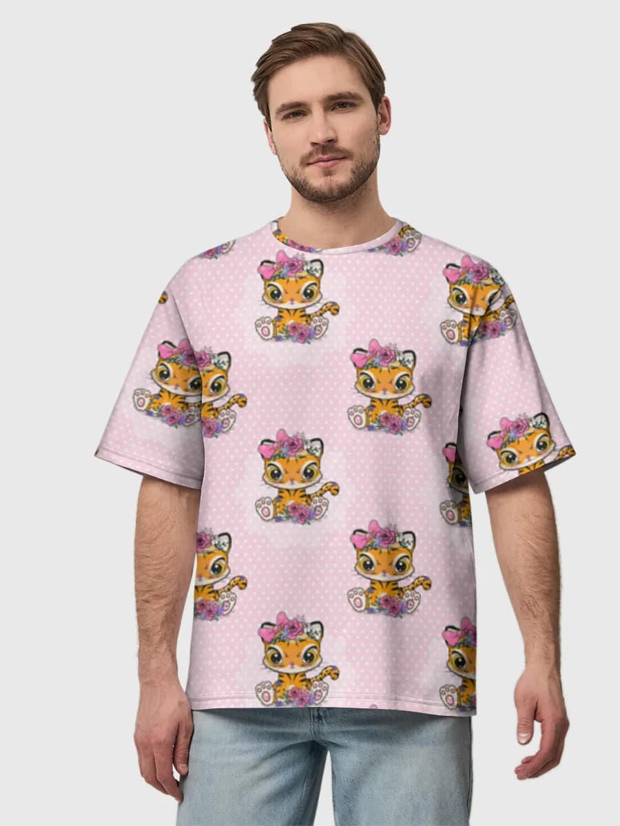 Kawaii Floral Tiger Cub — Men's oversized cotton T-shirt with all-over print, Tiger theme