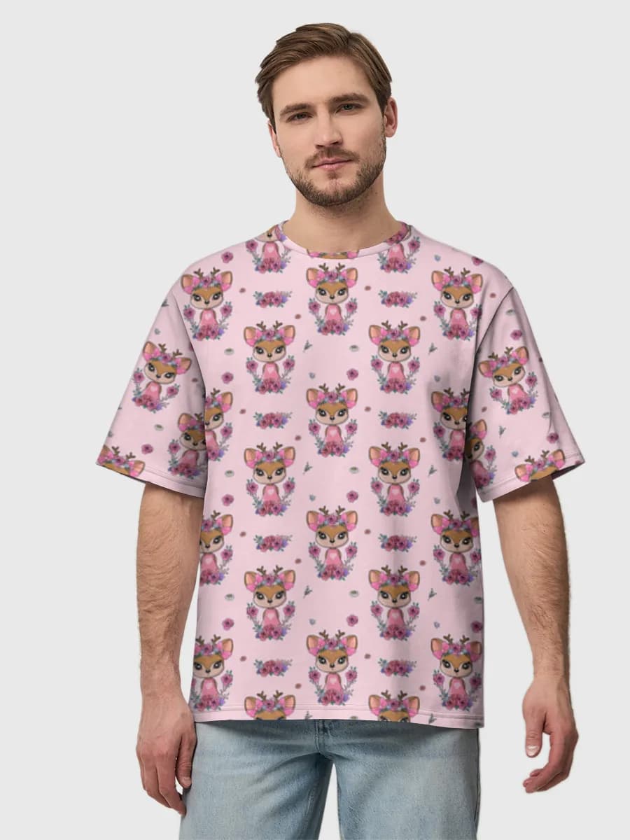 Cute Floral Fawn — Men's oversized cotton T-shirt with all-over print, Deer theme