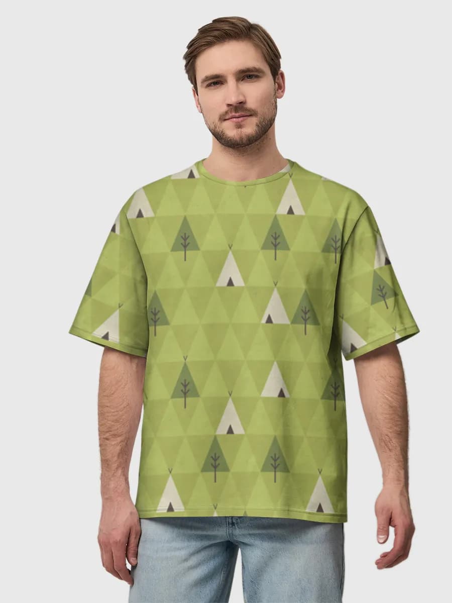 Geometric Teepee Camping — Men's oversized cotton T-shirt with all-over print, Camping theme