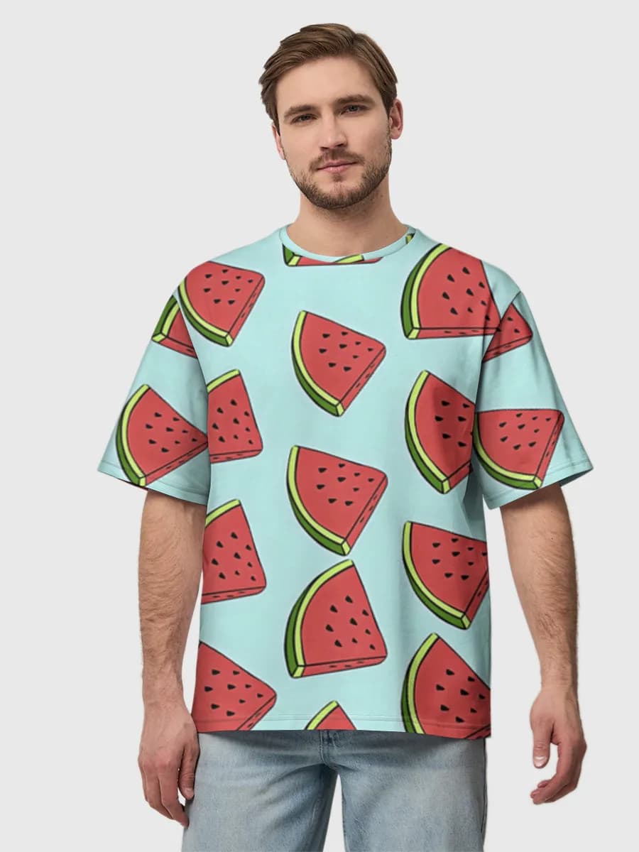 Watermelon Slices Pop Art — Men's oversized cotton T-shirt with all-over print, Watermelon theme