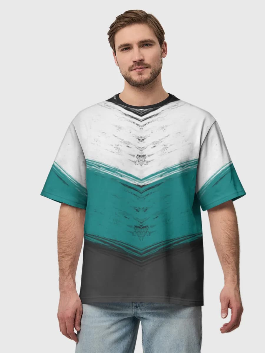 Teal Grunge Chevron V — Men's oversized cotton T-shirt with all-over print, Abstract theme