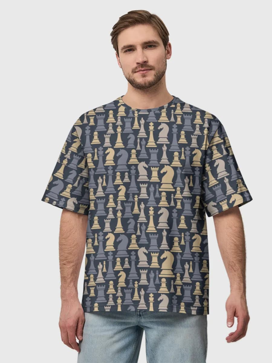 Chess Pieces Allover — Men's oversized cotton T-shirt with all-over print, Chess theme