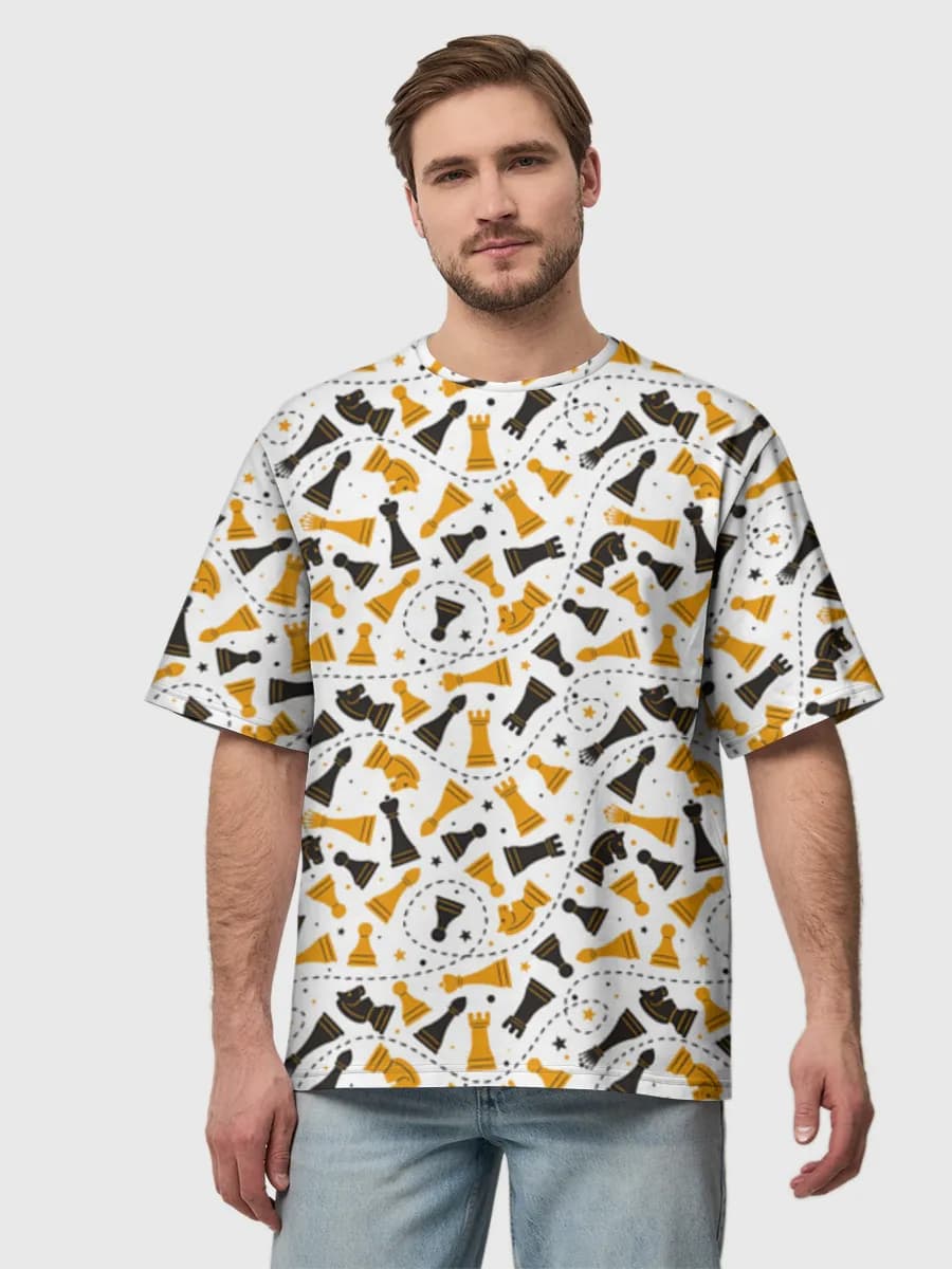 Playful Chess Pieces — Men's oversized cotton T-shirt with all-over print, Chess theme