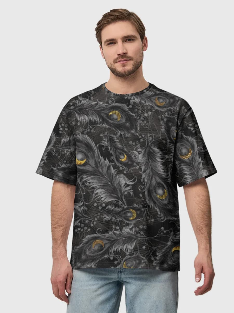 Black Gold Peacock Feathers — Men's oversized cotton T-shirt with all-over print, Peacock theme