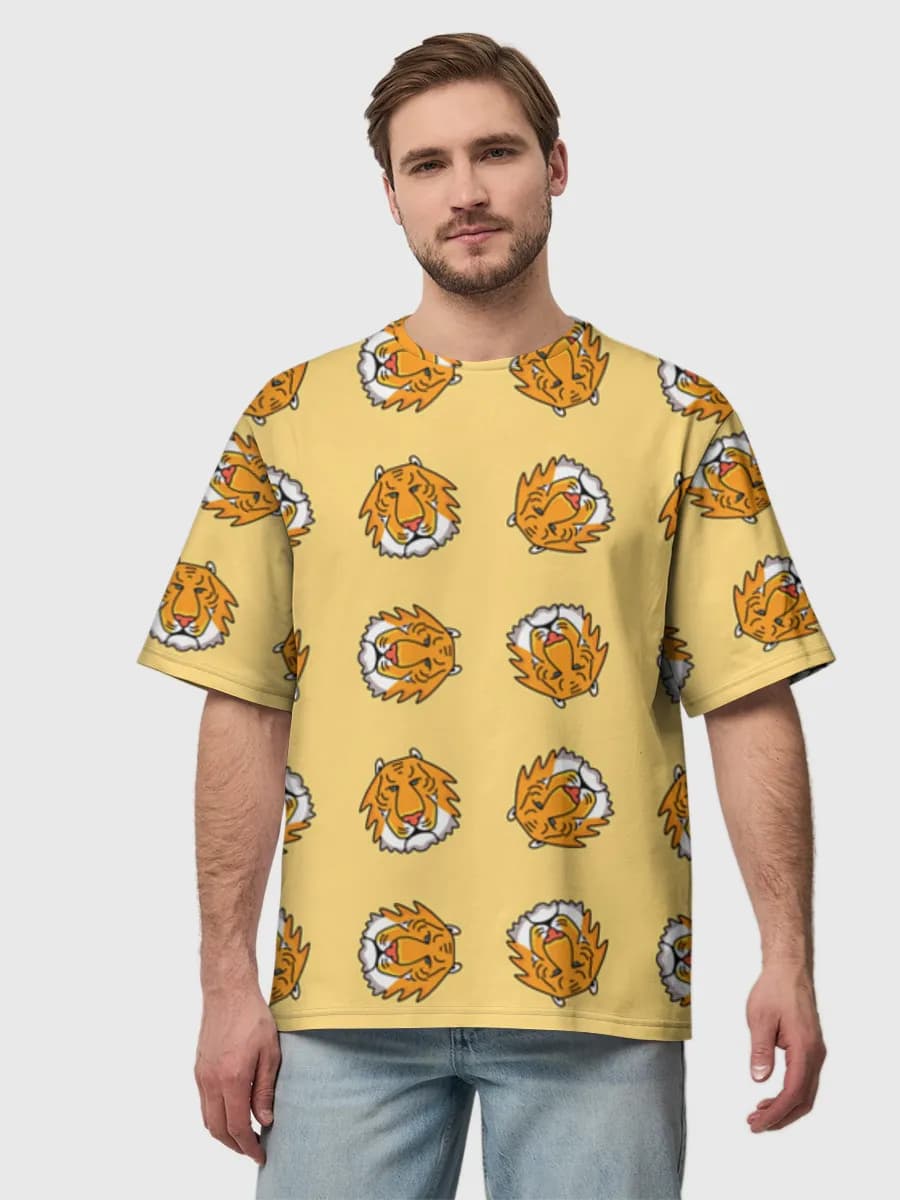 Cute Cartoon Tiger Faces — Men's oversized cotton T-shirt with all-over print, Tiger theme