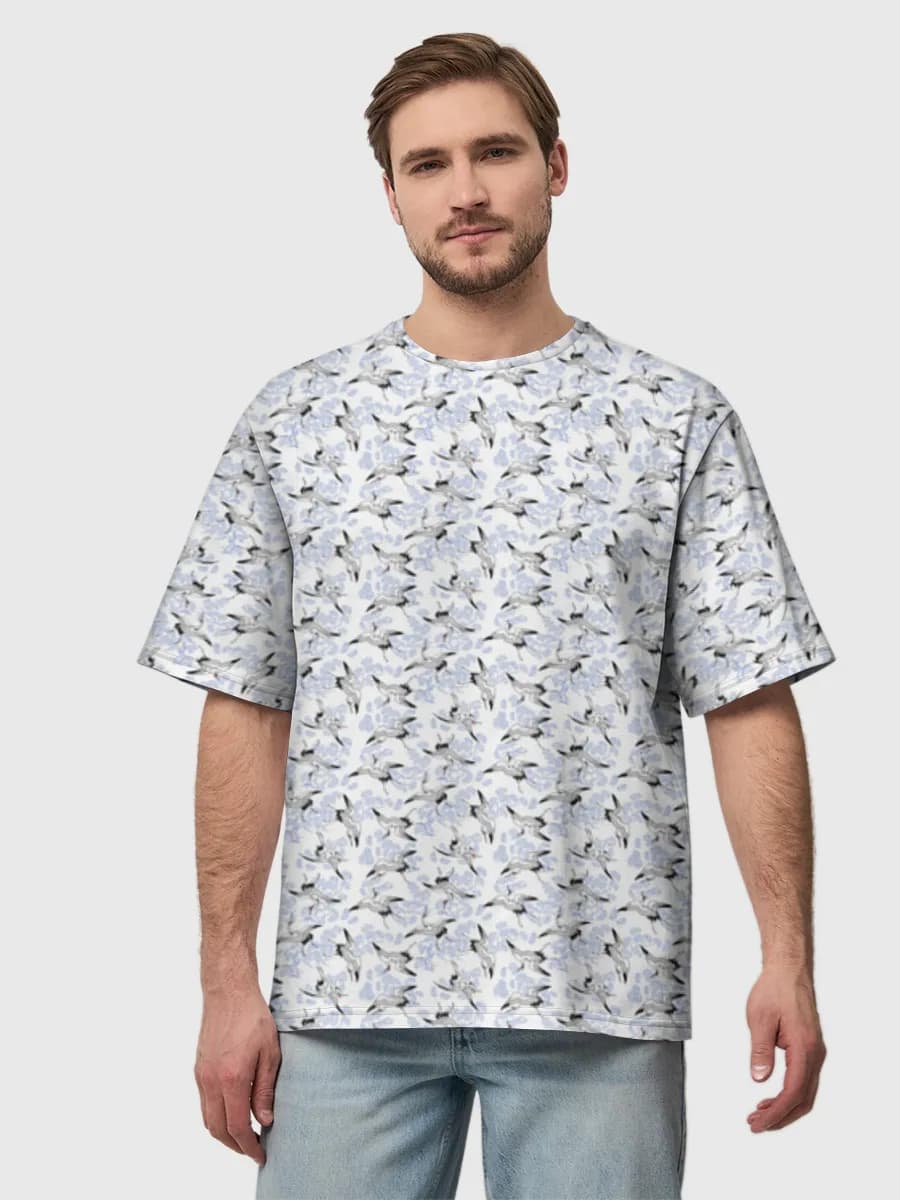 Blue Shark Sketch Swarm — Men's oversized cotton T-shirt with all-over print, Sharks theme