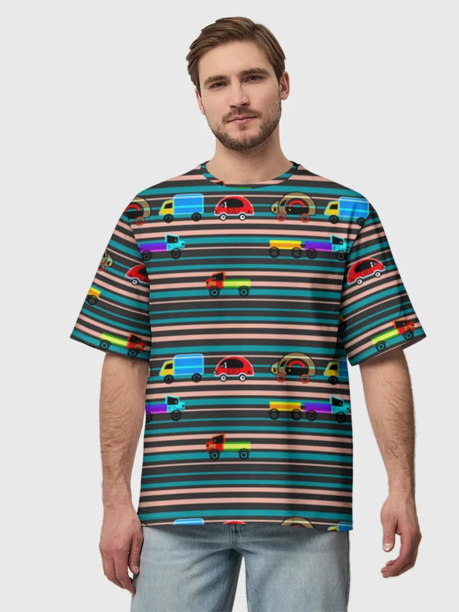 Retro Colorful Traffic — Men's oversized cotton T-shirt with all-over print, Vehicles theme