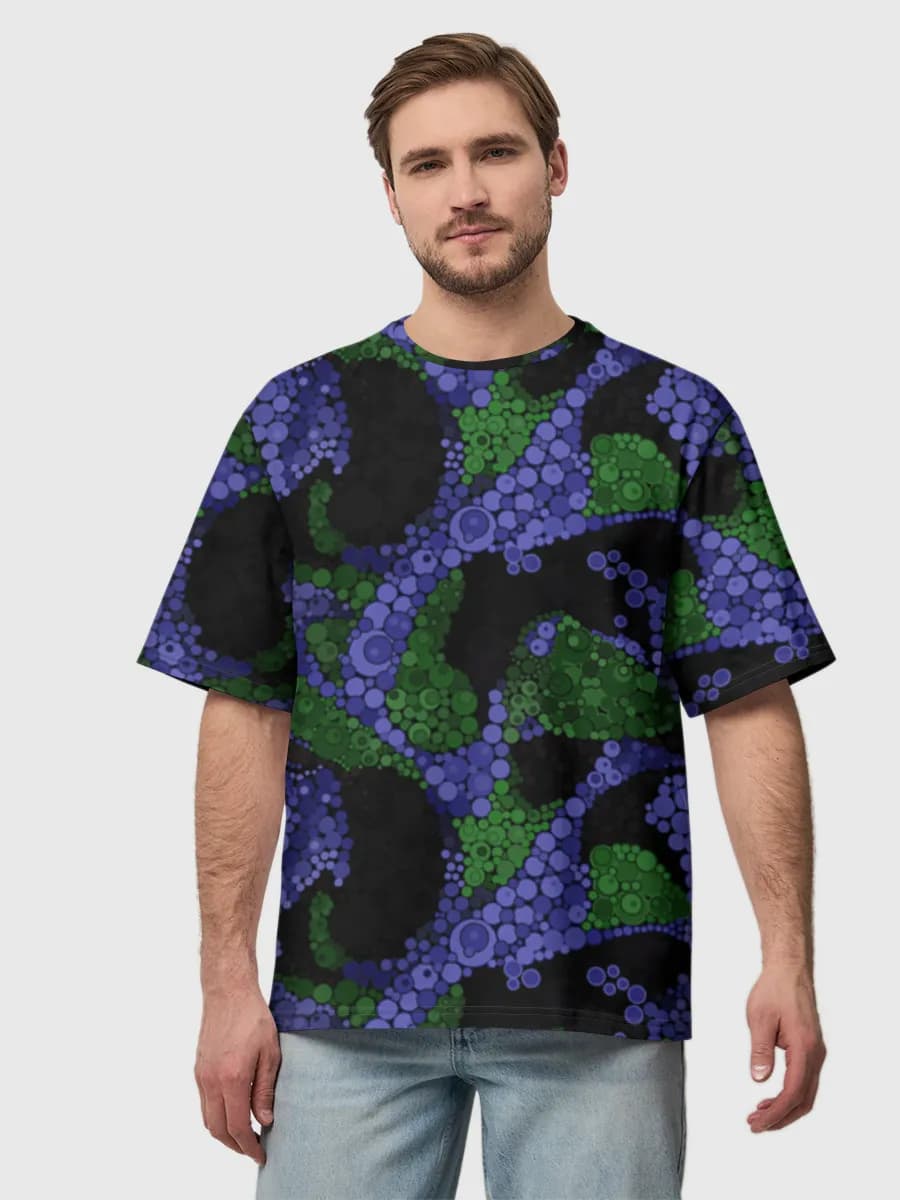 Blue Green Dotwork Camo — Men's oversized cotton T-shirt with all-over print, Abstract theme