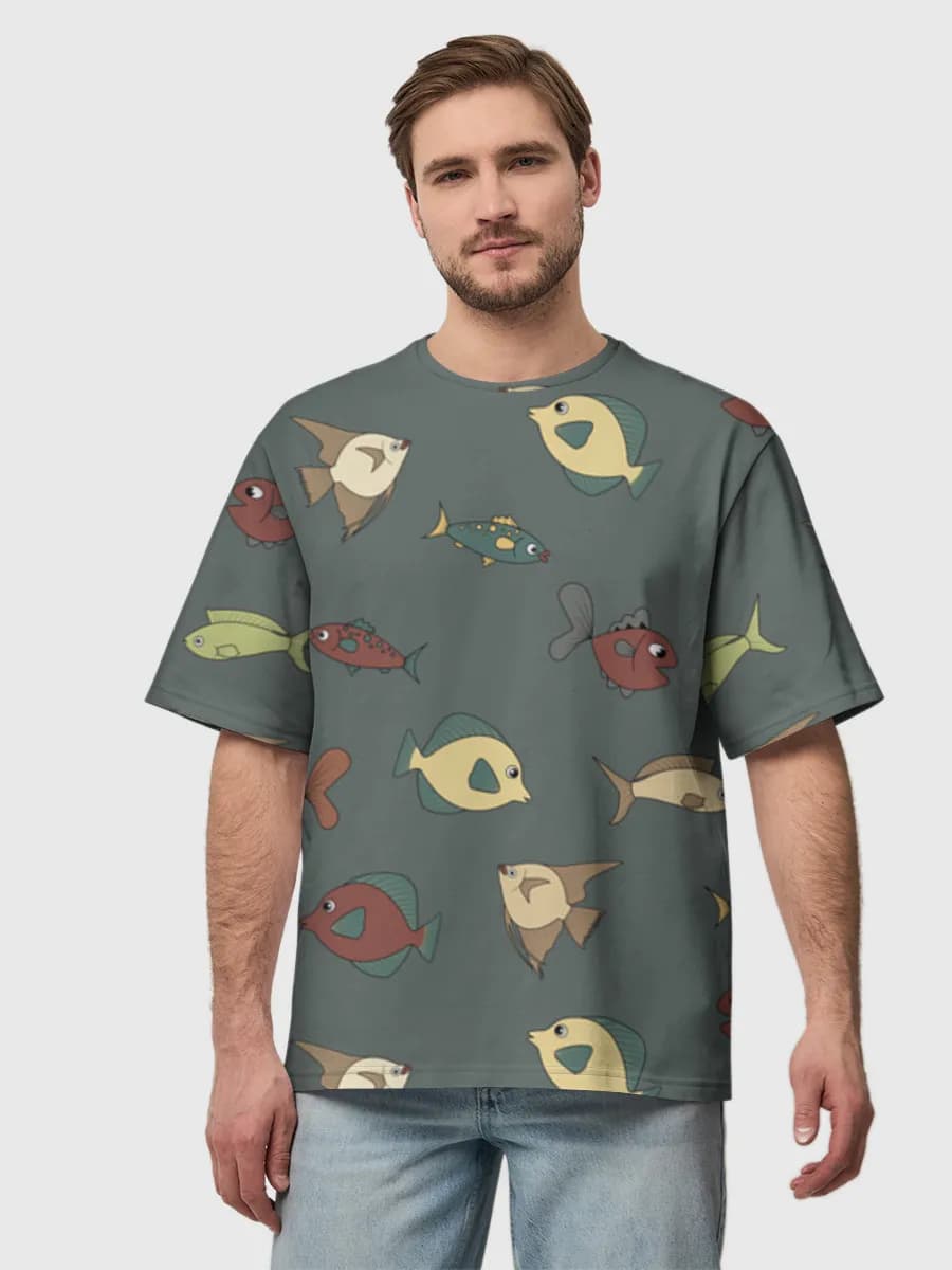 Cute Cartoon Fish — Men's oversized cotton T-shirt with all-over print, Fish theme