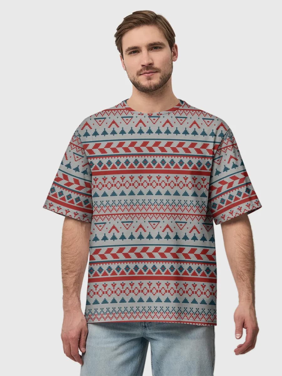 Nordic Fair Isle Knit — Men's oversized cotton T-shirt with all-over print, Scandinavian Style theme