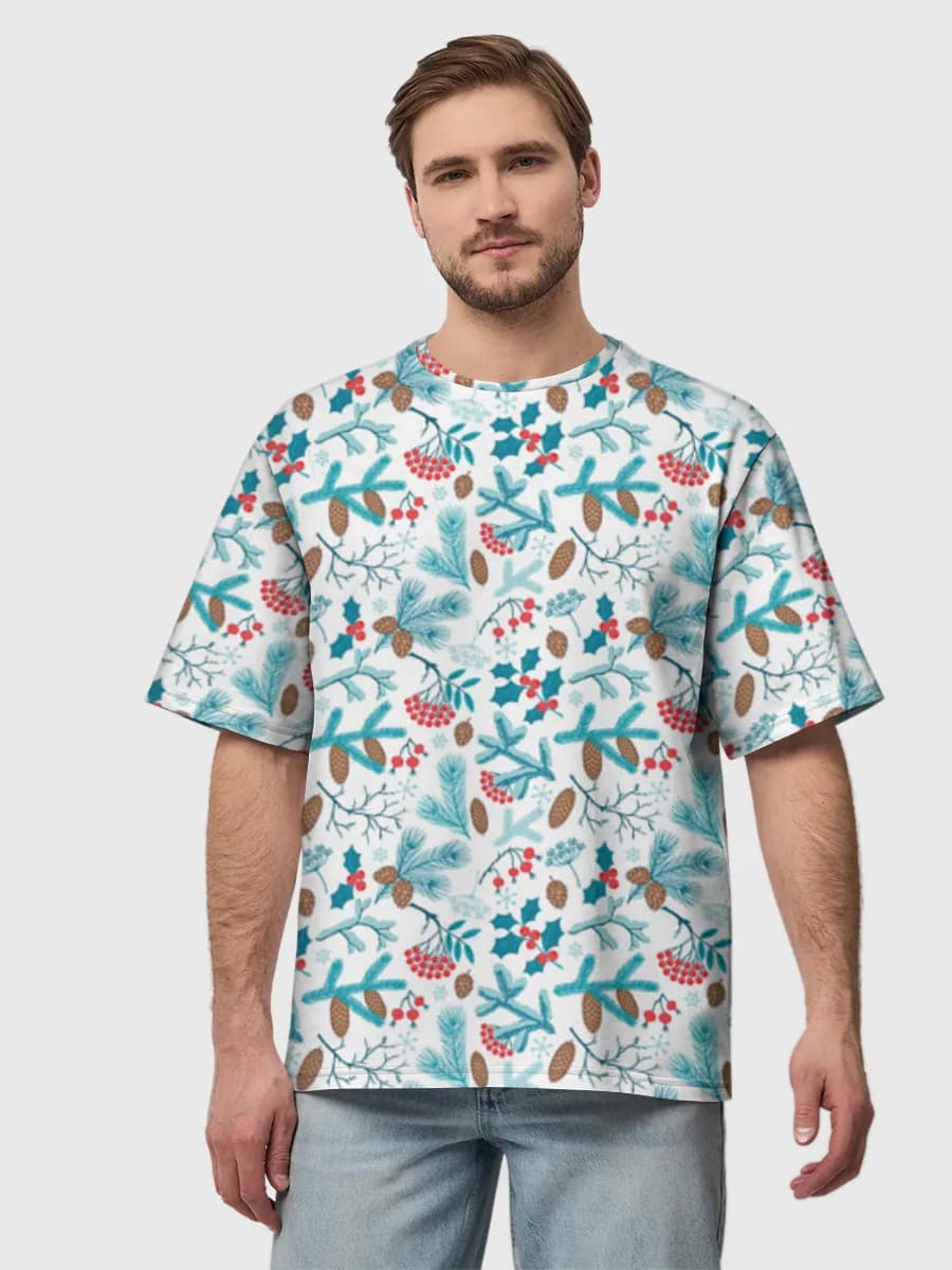 Winter Botanical Holiday Print — Men's oversized cotton T-shirt with all-over print, Holidays theme