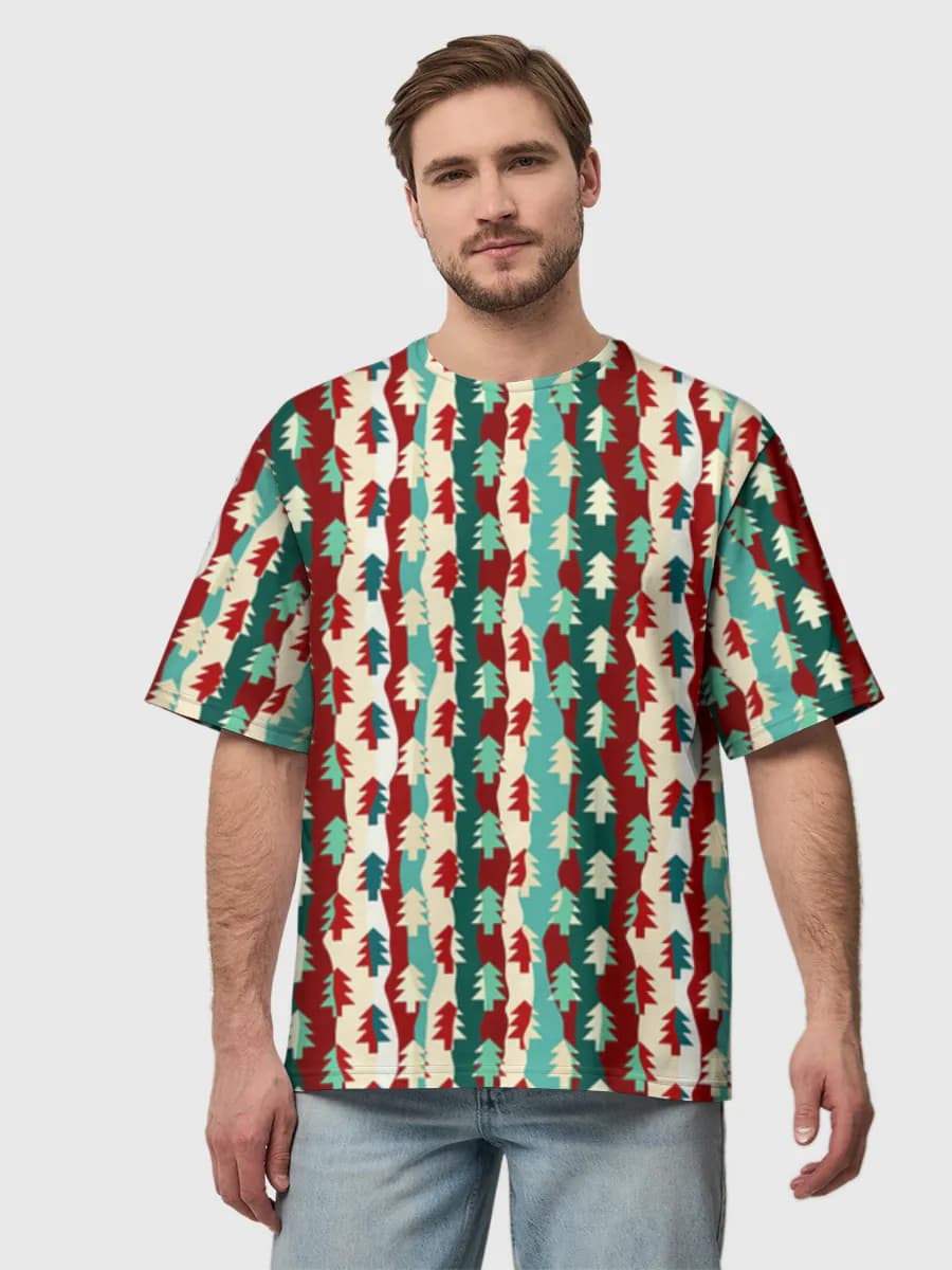 Retro Pine Forest — Men's oversized cotton T-shirt with all-over print, Forest theme
