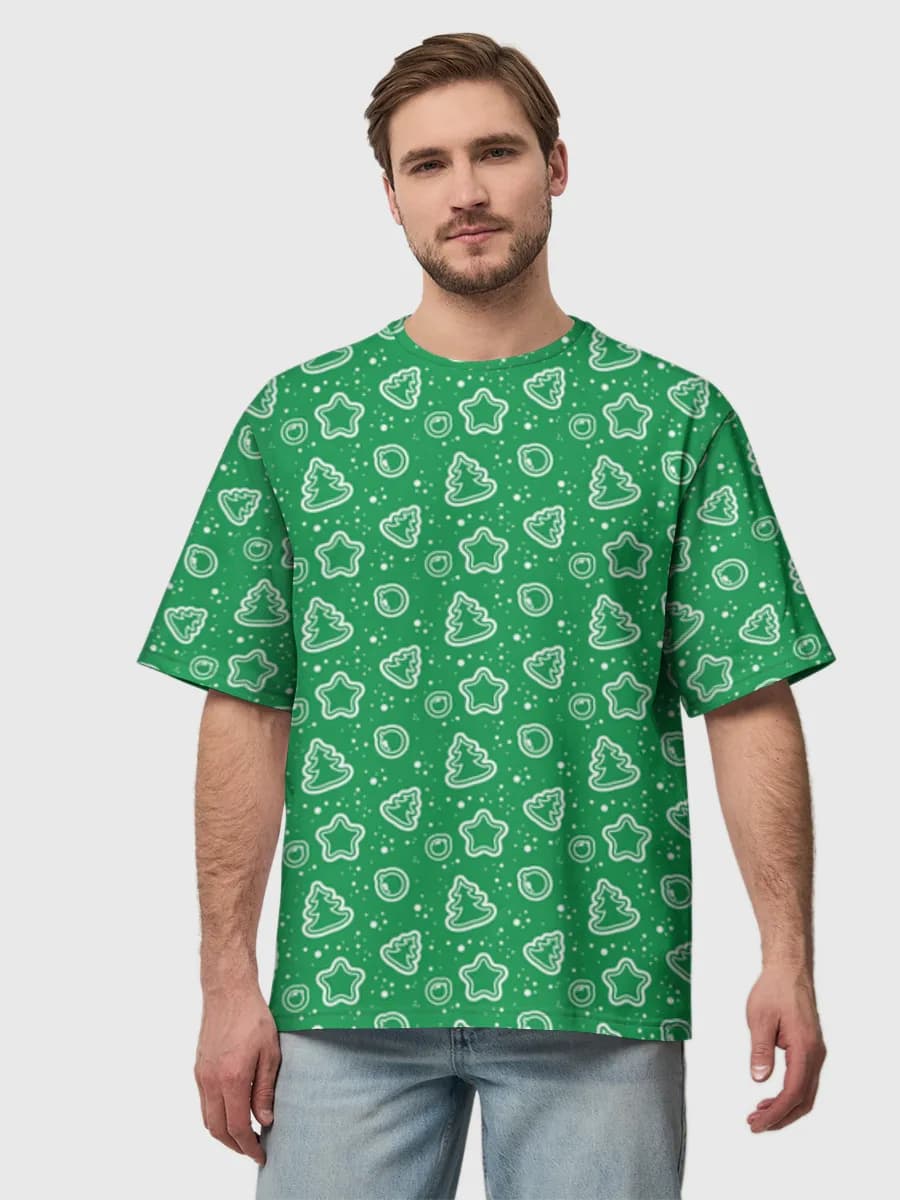 Green Christmas Cookie Icons — Men's oversized cotton T-shirt with all-over print, Holidays theme