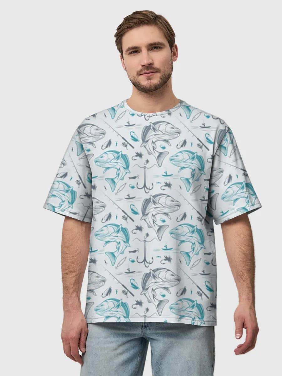Bass Fishing Gear Sketch — Men's oversized cotton T-shirt with all-over print, Fishing theme