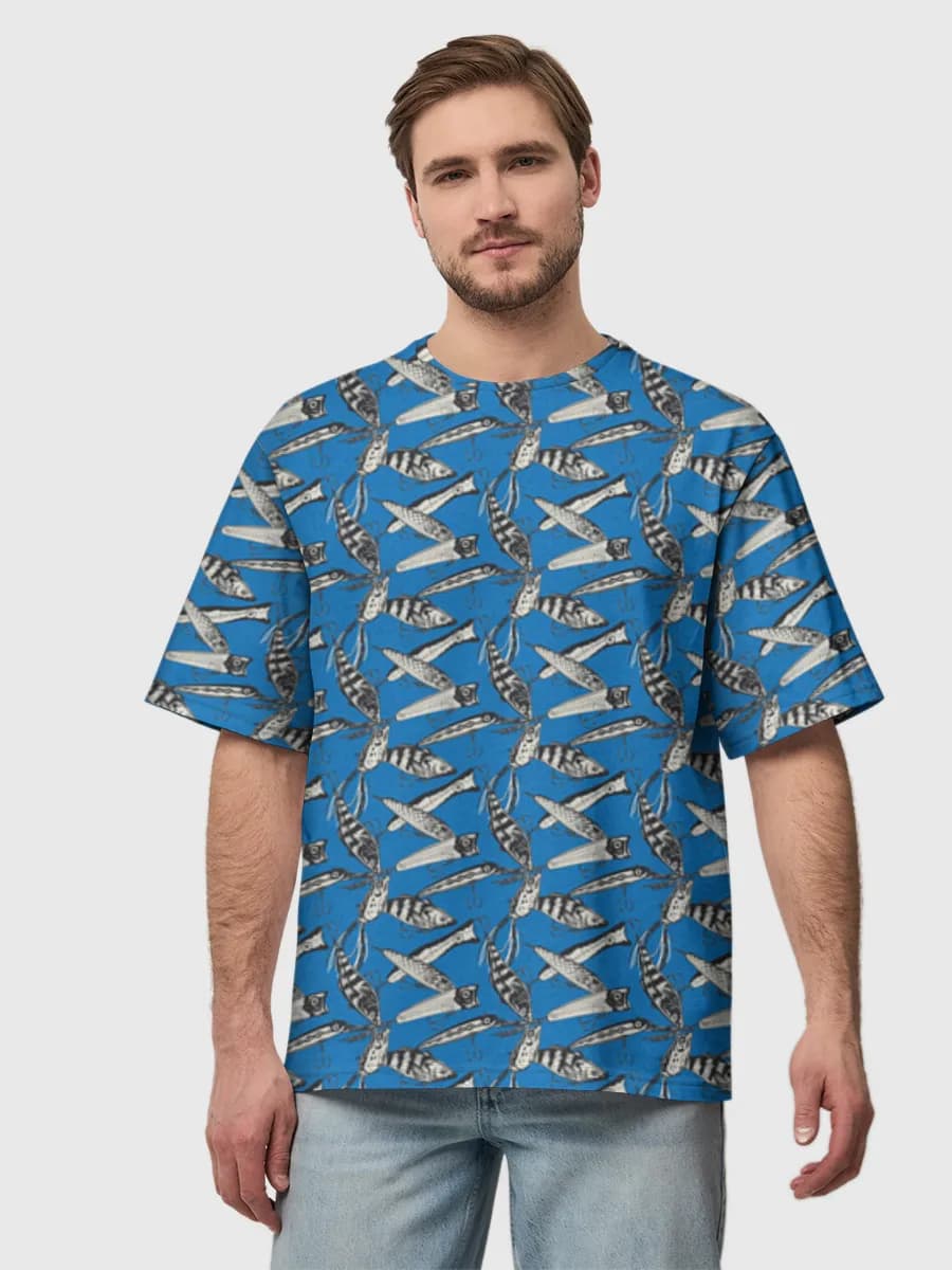 Fishing Lures On Blue — Men's oversized cotton T-shirt with all-over print, Fishing theme