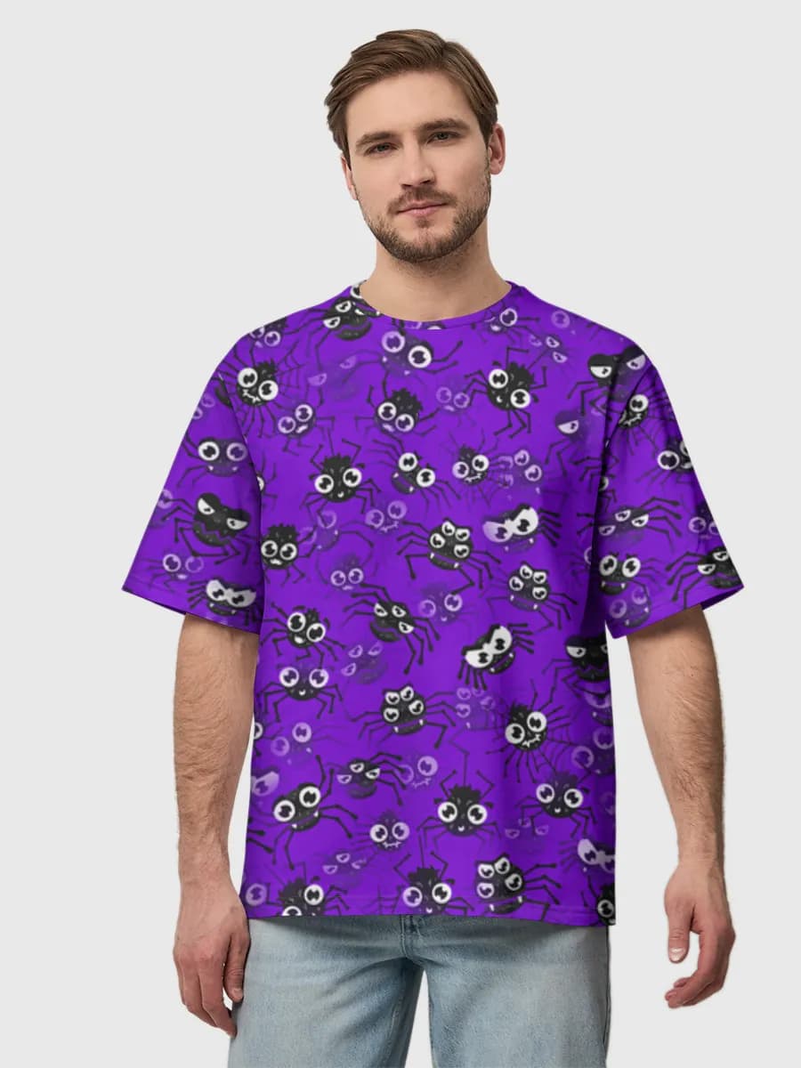 Cute Spiders On Purple — Men's oversized cotton T-shirt with all-over print, Spiders theme