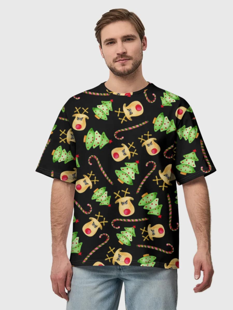 Festive Reindeer Candy Canes — Men's oversized cotton T-shirt with all-over print, Holidays theme