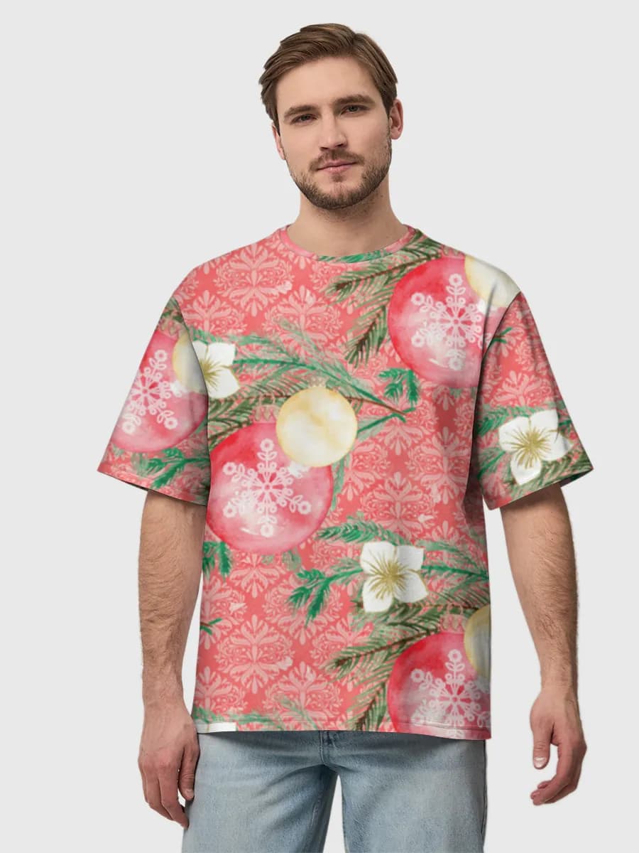 Watercolor Christmas Ornaments — Men's oversized cotton T-shirt with all-over print, Holidays theme