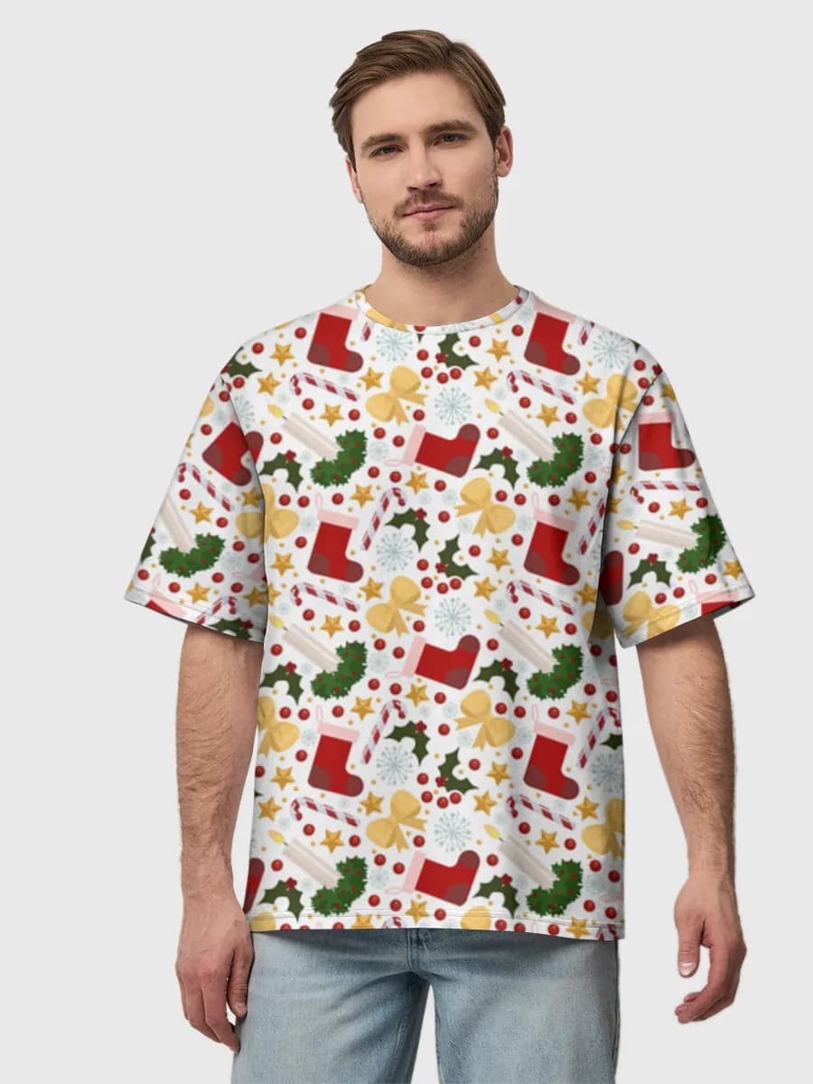 Festive Christmas Icons — Men's oversized cotton T-shirt with all-over print, Holidays theme