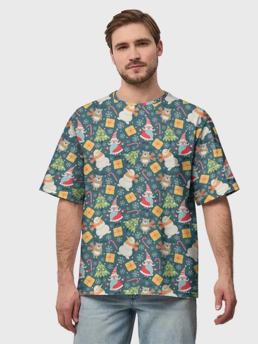 Cute Christmas Characters — Men's oversized cotton T-shirt with all-over print, Holidays theme