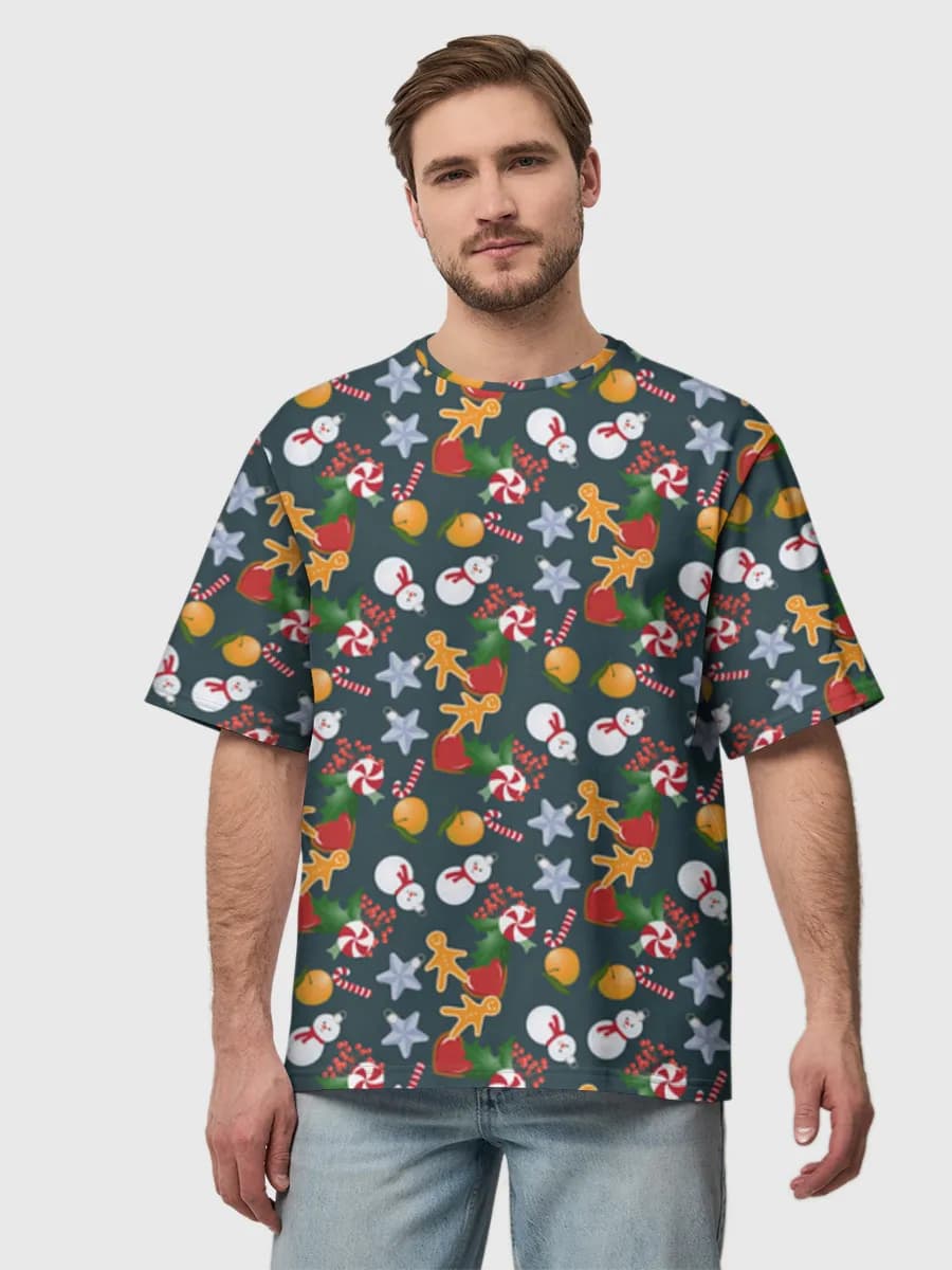 Christmas Candy Gingerbread Mix — Men's oversized cotton T-shirt with all-over print, Holidays theme