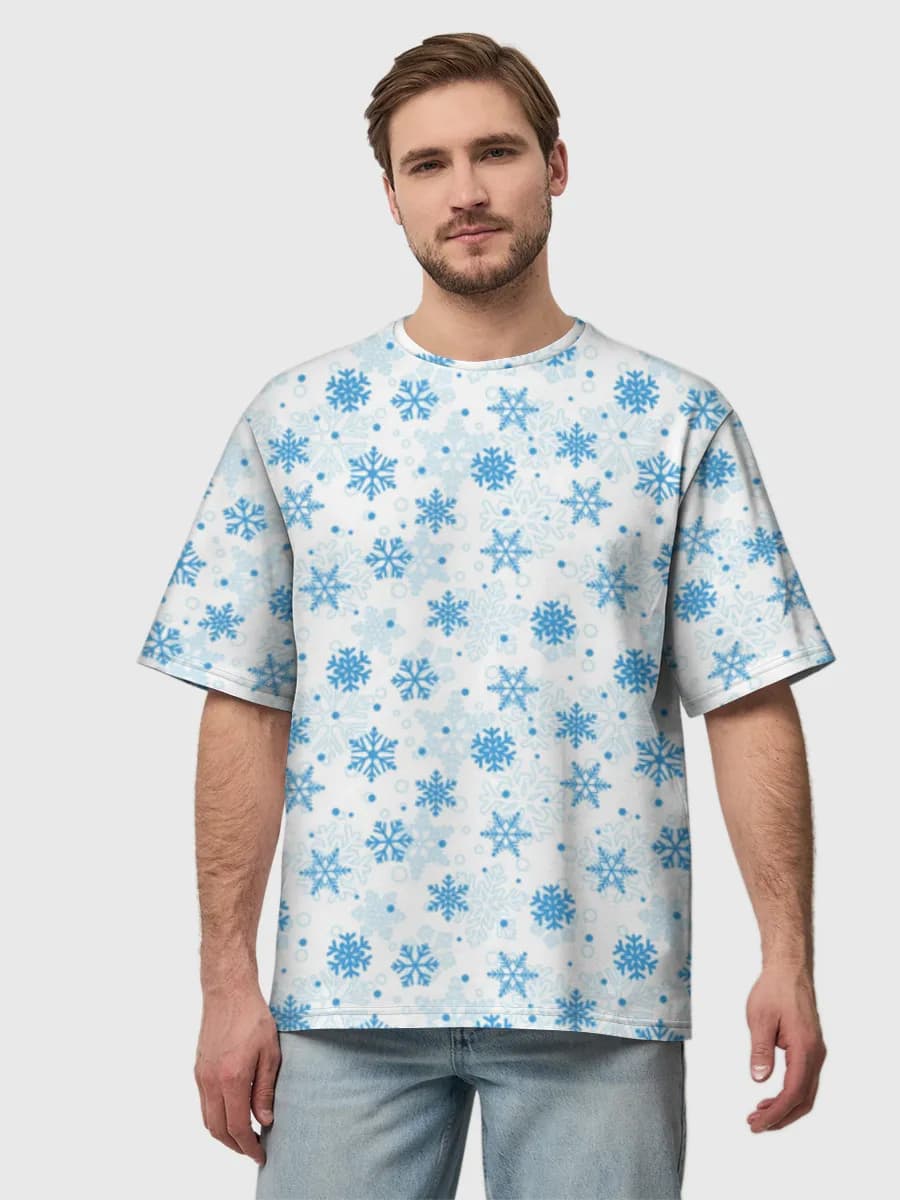 Blue Snowflake Winter Print — Men's oversized cotton T-shirt with all-over print, Winter theme