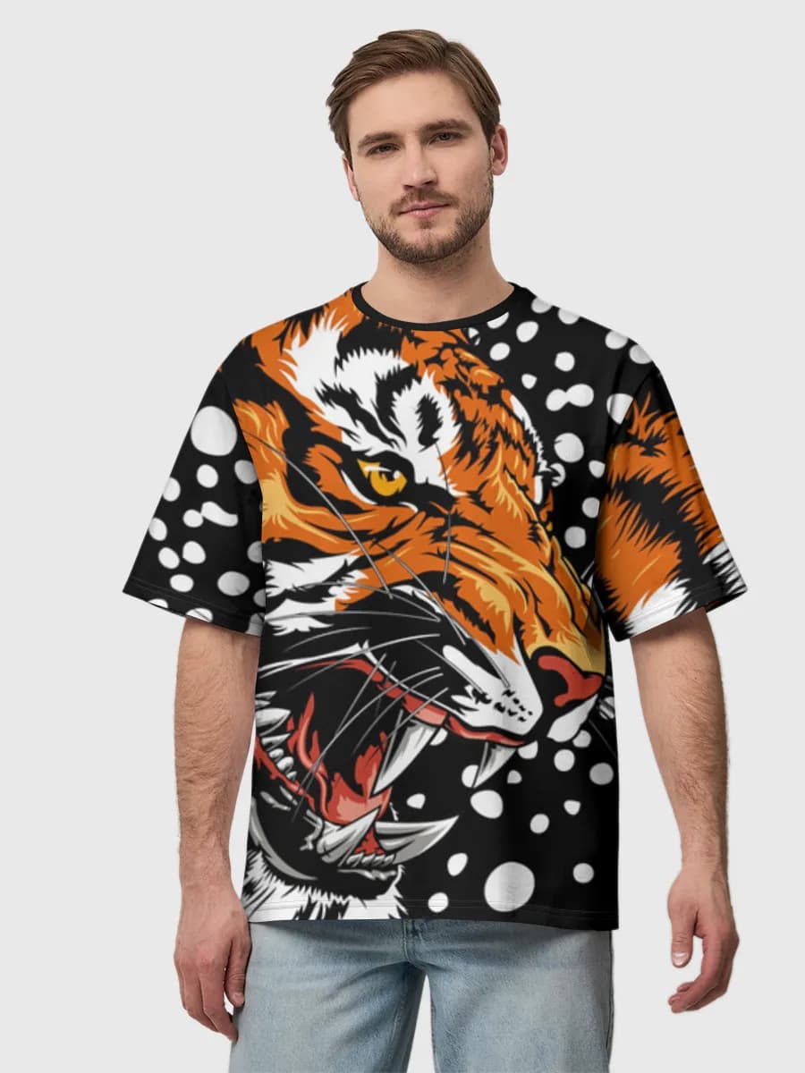 Roaring Tiger In Snow — Men's oversized cotton T-shirt with all-over print, Tiger theme