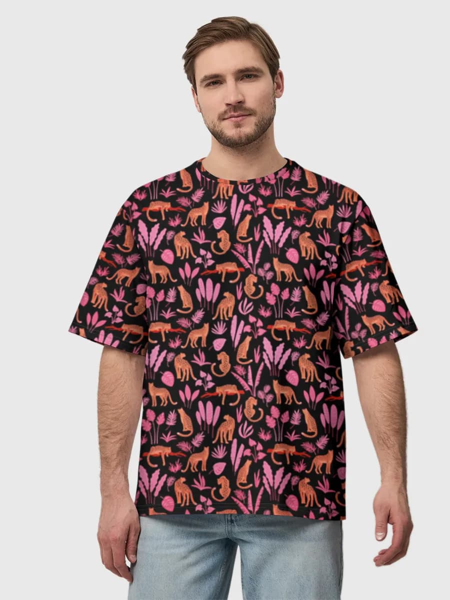 Neon Jungle Leopards — Men's oversized cotton T-shirt with all-over print, Leopard theme