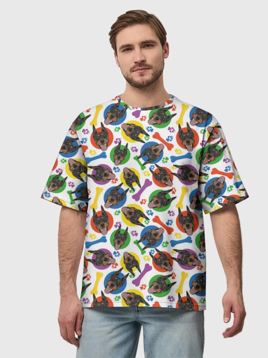 Colorful Doberman Pop Art — Men's oversized cotton T-shirt with all-over print, Dogs theme