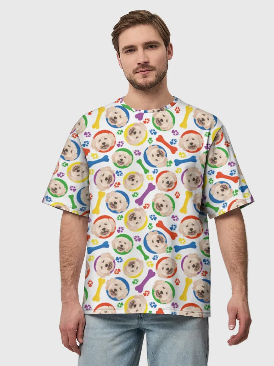 Colorful Puppy Paw Prints — Men's oversized cotton T-shirt with all-over print, Dogs theme
