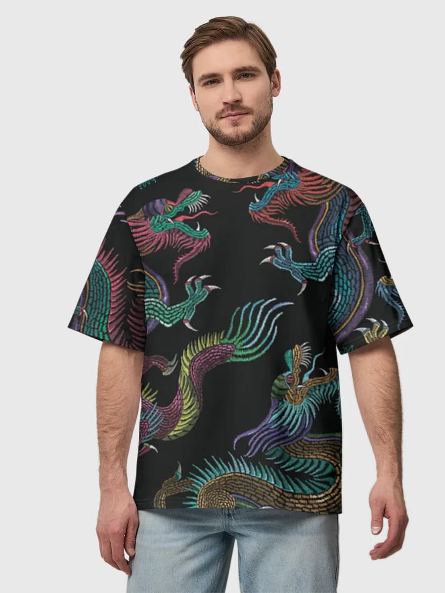 Embroidered Neon Dragons — Men's oversized cotton T-shirt with all-over print, Dragon theme