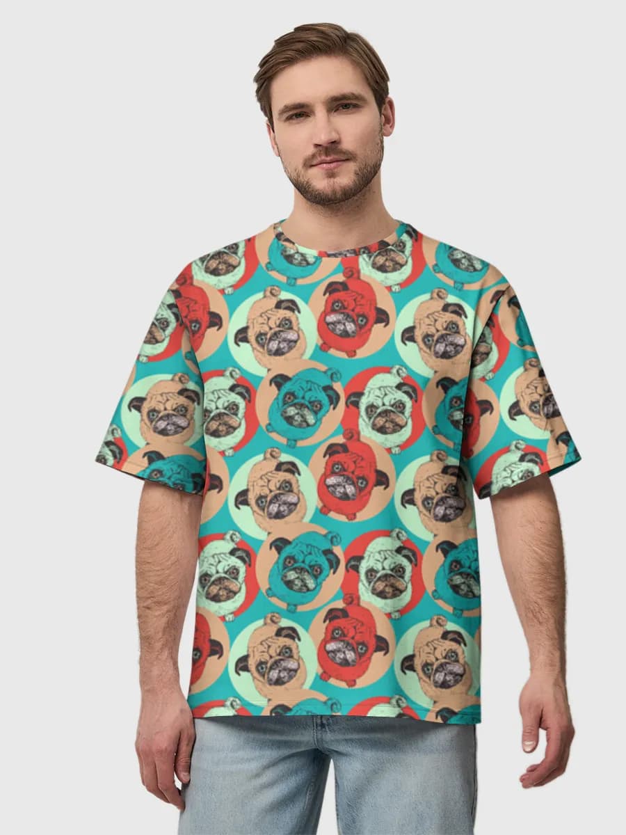 Pop Art Pug Faces — Men's oversized cotton T-shirt with all-over print, Pug theme