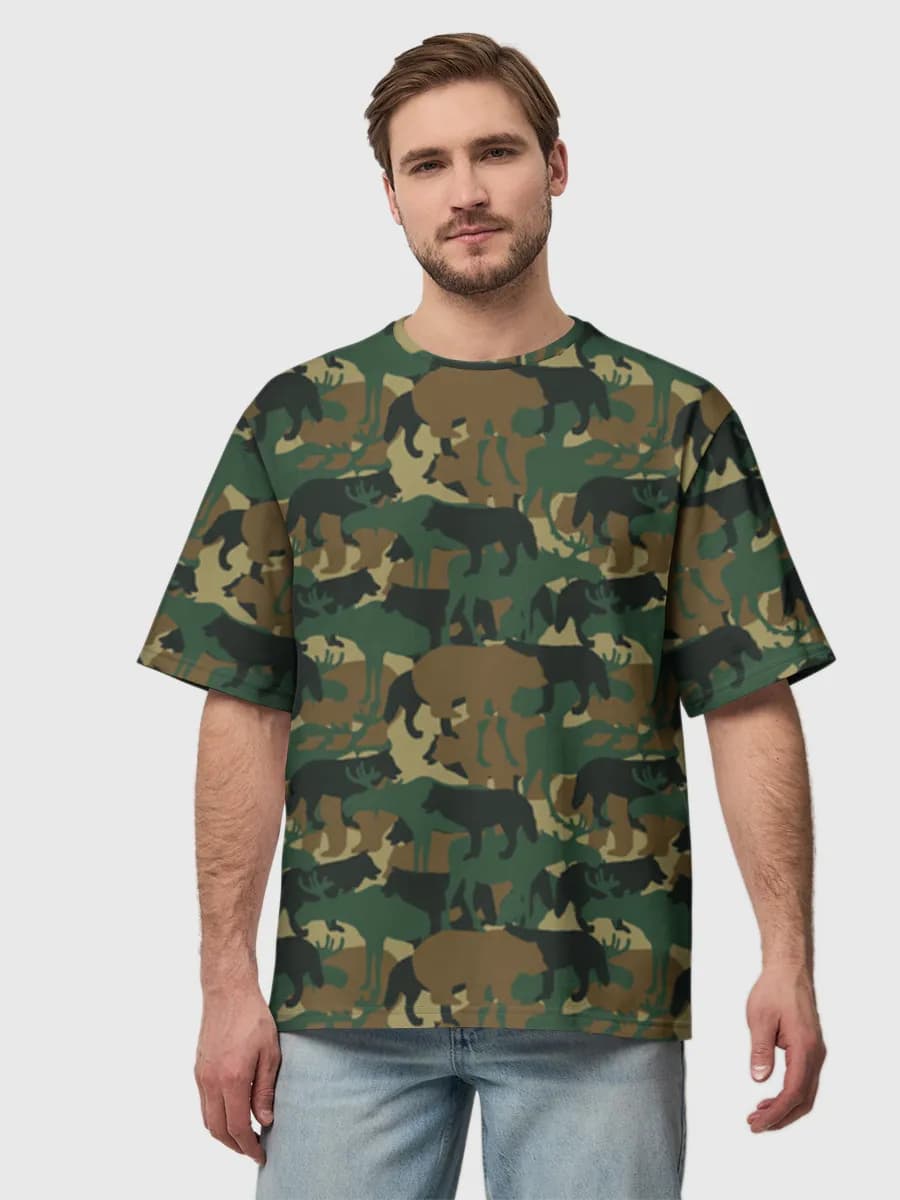 Woodland Wildlife Camo — Men's oversized cotton T-shirt with all-over print, Camouflage theme