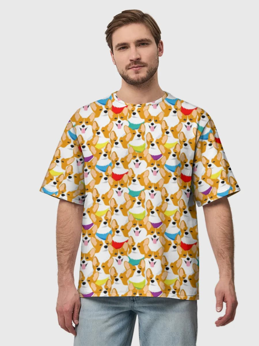 Colorful Corgi Crowd — Men's oversized cotton T-shirt with all-over print, Corgi theme