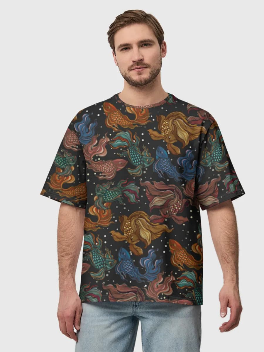 Colorful Betta Fish Swirl — Men's oversized cotton T-shirt with all-over print, Fish theme