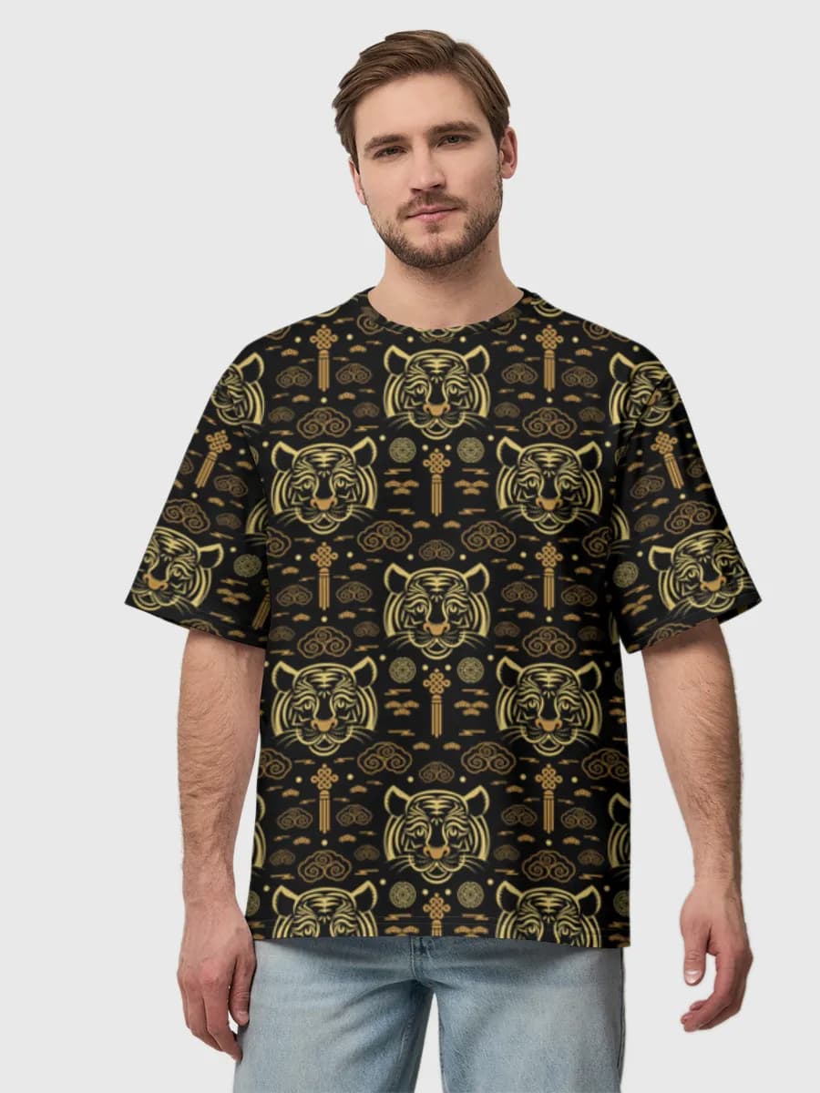 Golden Tiger Zodiac — Men's oversized cotton T-shirt with all-over print, Tiger theme