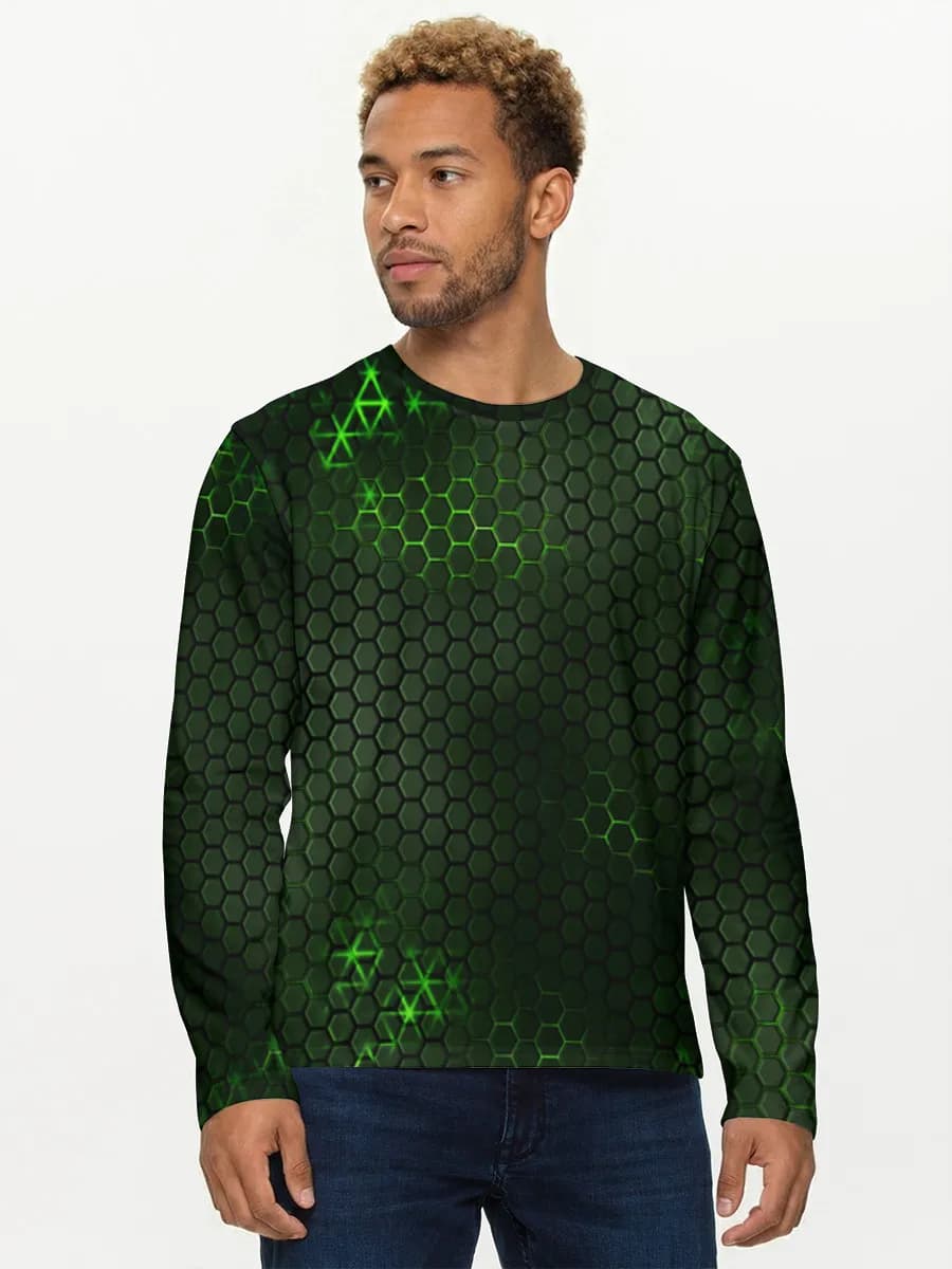 Neon Green Hex Grid — Men's cotton long sleeve shirt with all-over print, Geometry theme