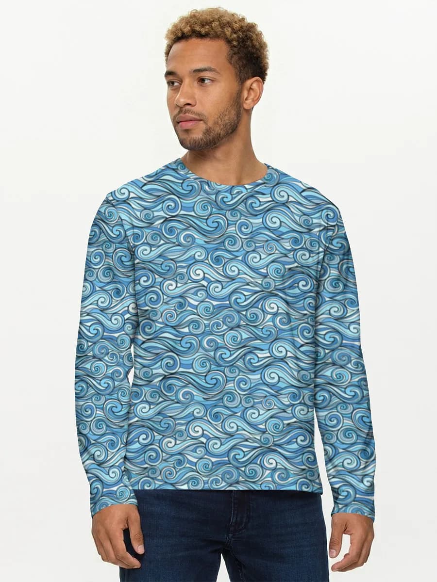 Swirling Ocean Waves — Men's cotton long sleeve shirt with all-over print, Ocean theme