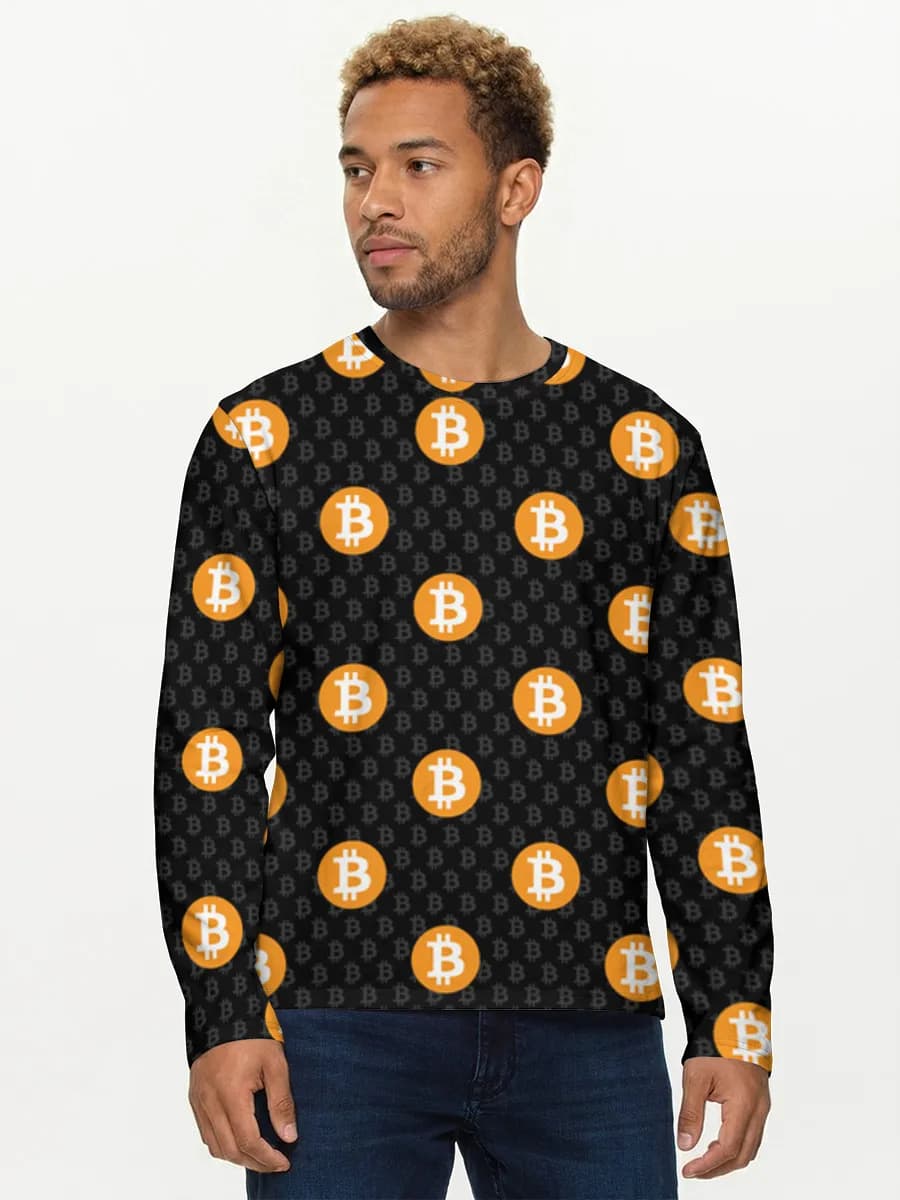Bitcoin Coin Icons — Men's cotton long sleeve shirt with all-over print, Cryptocurrency theme