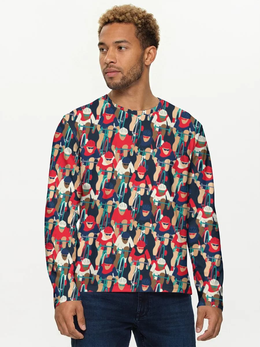 Colorful Cycling Peloton — Men's cotton long sleeve shirt with all-over print, Cycling theme