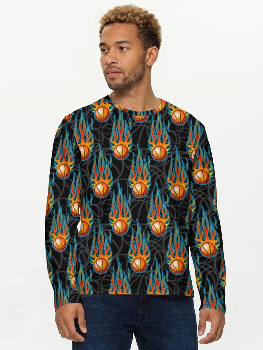 Flaming Basketballs — Men's cotton long sleeve shirt with all-over print, Basketball theme