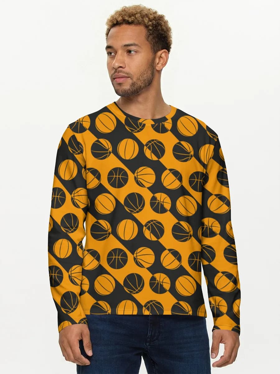 Orange Basketball Diagonal Print — Men's cotton long sleeve shirt with all-over print, Basketball theme