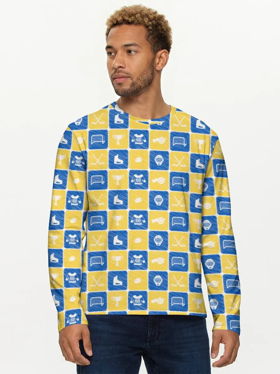 Retro Hockey Icons Grid — Men's cotton long sleeve shirt with all-over print, Hockey theme
