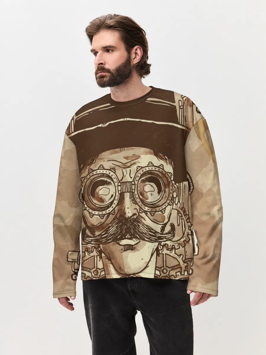 Steampunk Gentleman Portrait — Men's oversized cotton long sleeve with all-over print, Steampunk theme