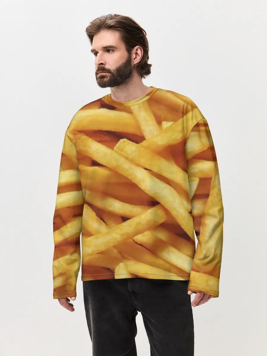 Golden French Fries — Men's oversized cotton long sleeve with all-over print, Food theme