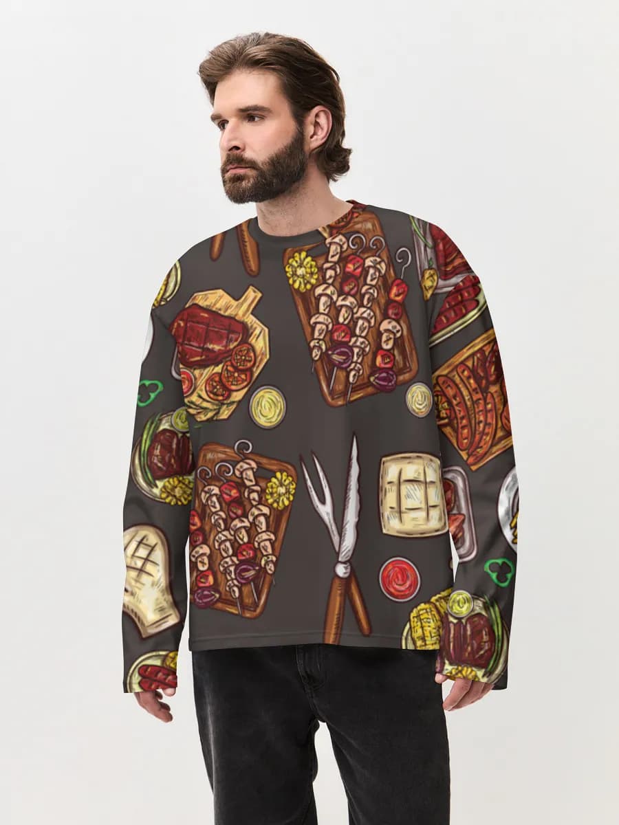 BBQ Grill Feast — Men's oversized cotton long sleeve with all-over print, Barbecue theme