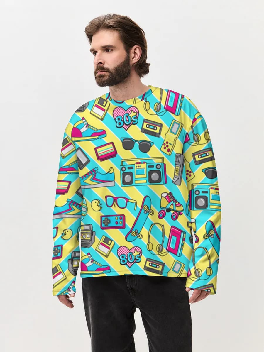 Rad 80s Icons — Men's oversized cotton long sleeve with all-over print, 80S theme