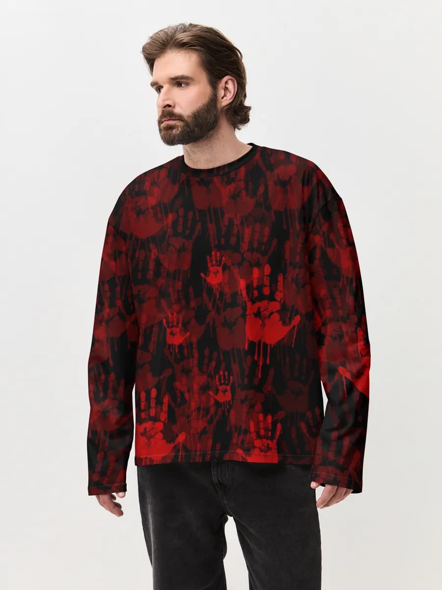 Bloody Handprints Horror — Men's oversized cotton long sleeve with all-over print, Horror theme