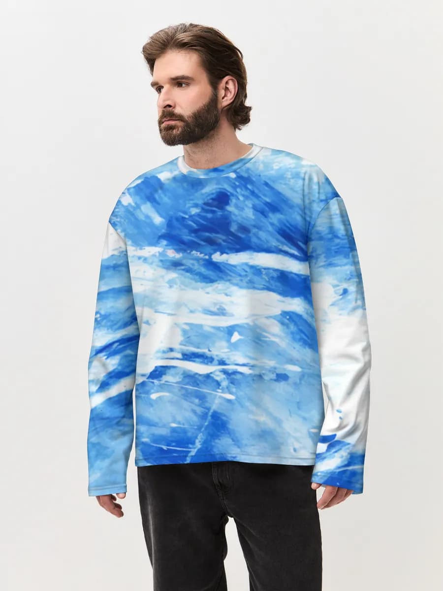 Blue Watercolor Waves — Men's oversized cotton long sleeve with all-over print, Abstract theme